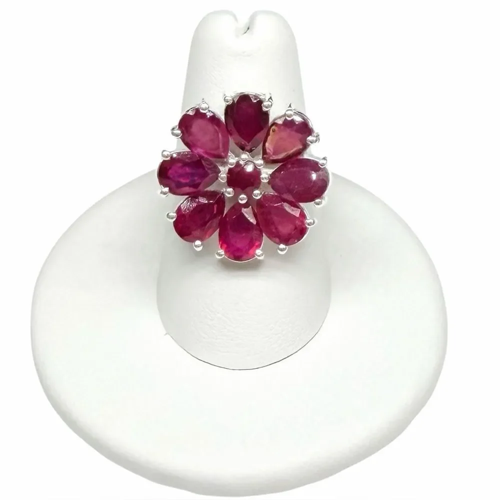 Ruby Flower Ring Size 6 Solid 925 Sterling Silver Daisy Multi Stone Statement